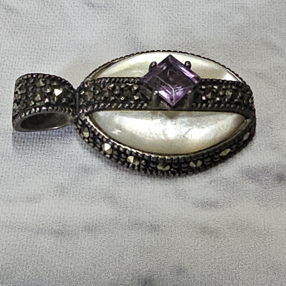 Sterling Silver 925 Marcasite MOP and Amethyst Pendant - Picture 4 of 4